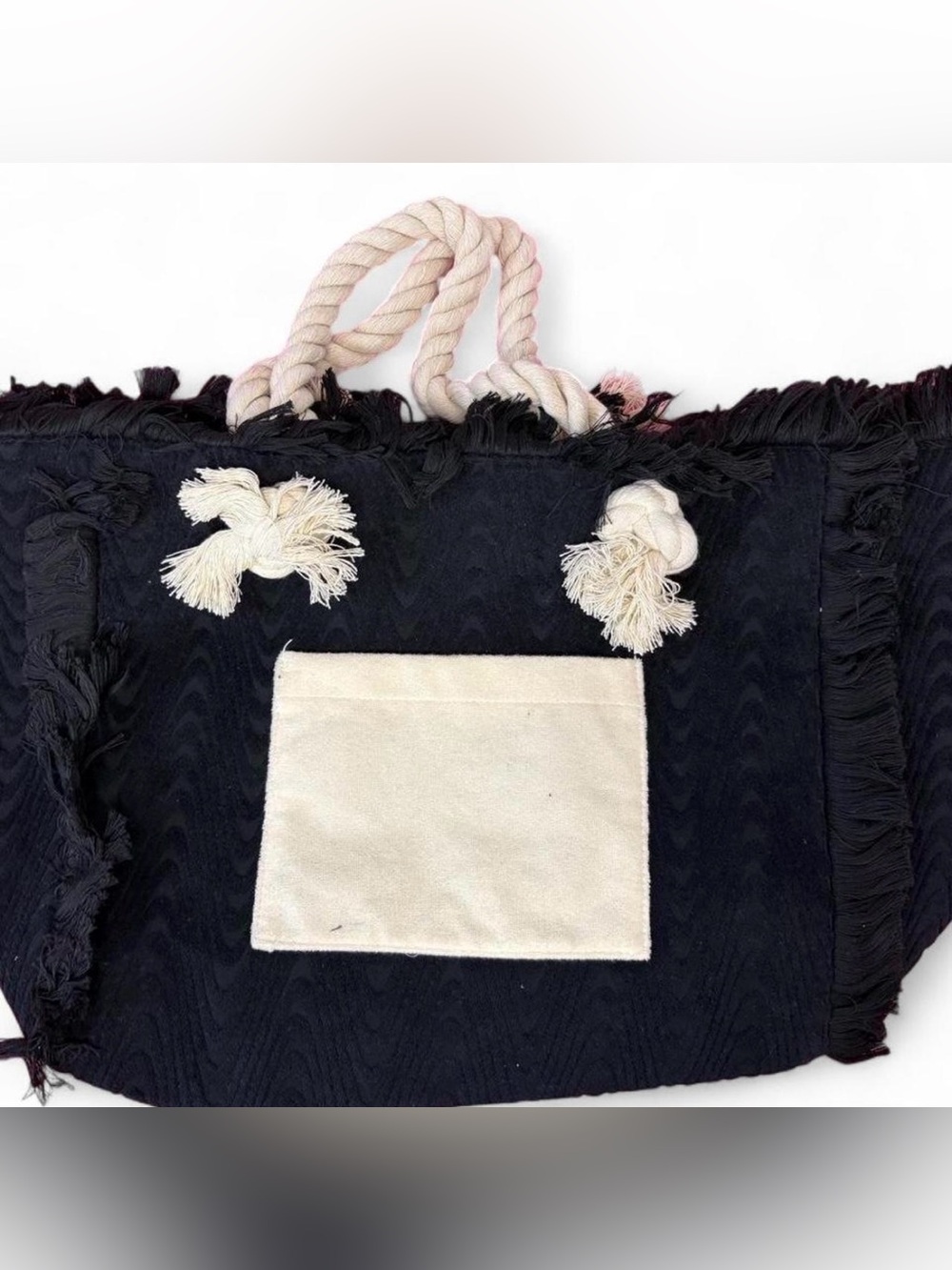 Springs Black Fringe Canvas Tote with Cream Rope Handles and Pocket